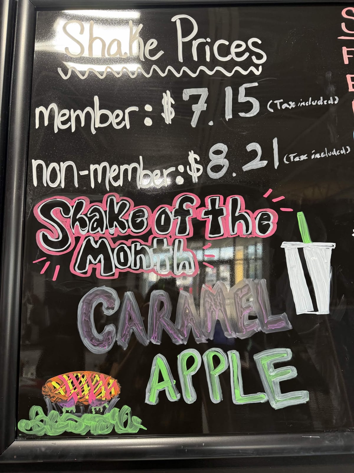 Richmond Athletic Club chalkboard featuring the September Caramel Apple Shake of the Month